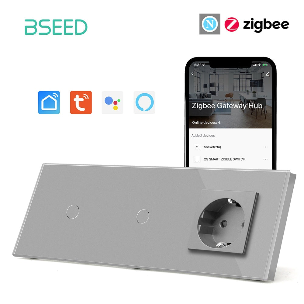 Bseed Double Zigbee Light Switches With EU Standard Not Smart Wall Sockets Light Switches Bseedswitch Grey 1gang+1gang +socket 