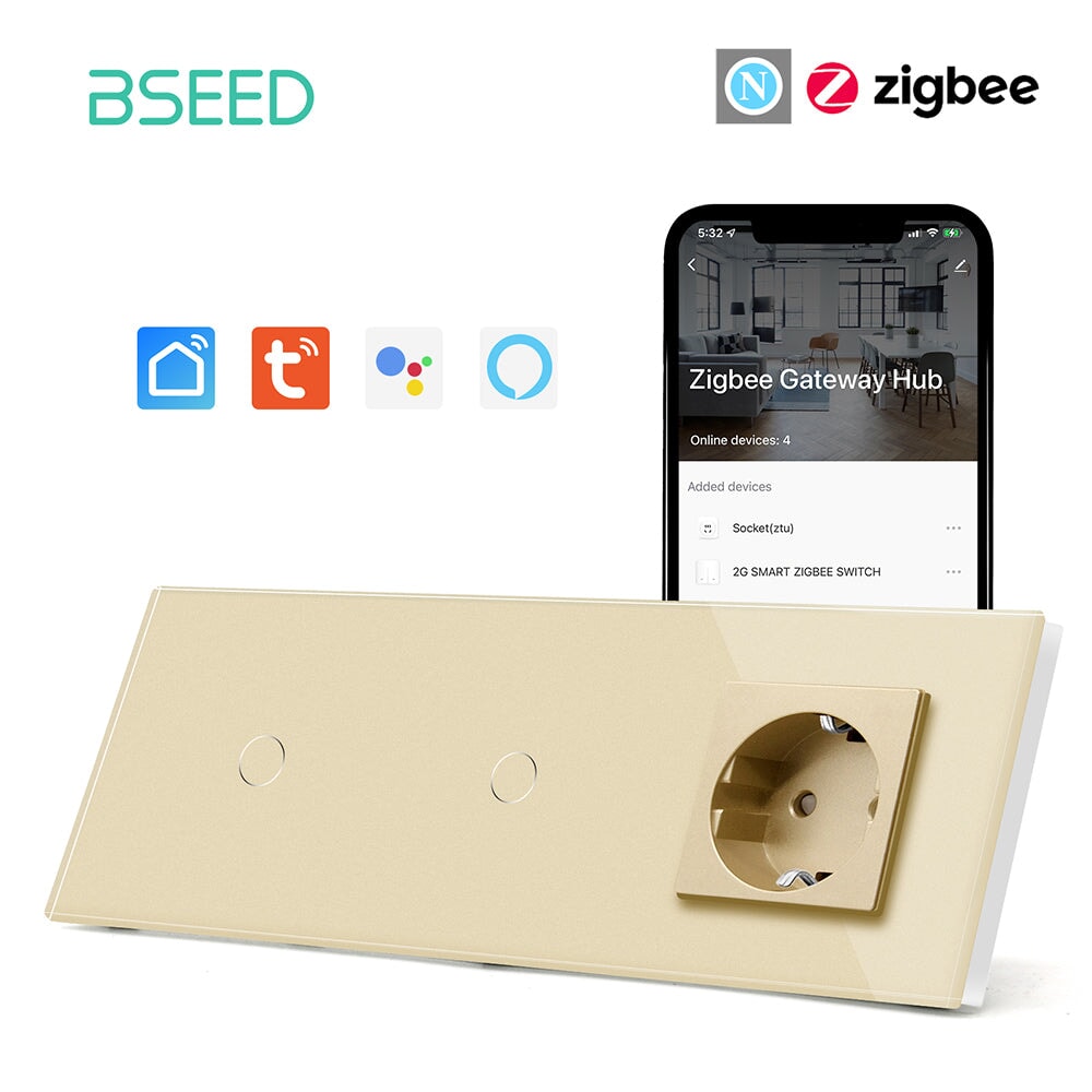 Bseed Double Zigbee Light Switches With EU Standard Not Smart Wall Sockets Light Switches Bseedswitch Gold 1gang+1gang +socket 