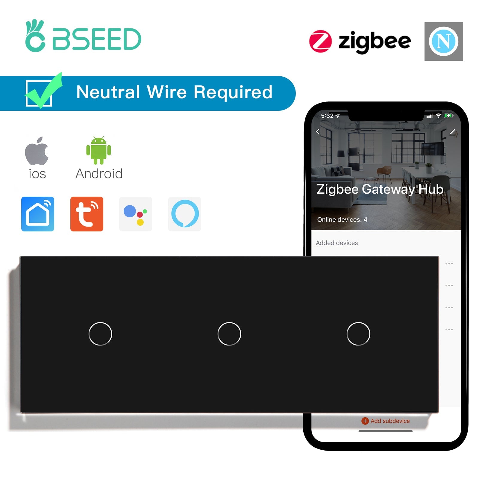 BSEED Zigbee Light Switches Triple 1/2/3 Gang Smart Wall Switches Wall Touch Switch ZigBee Smart Life Tuya Google Alexa Glass Light Switches Bseedswitch Black 1Gang +1Gang +1Gang 