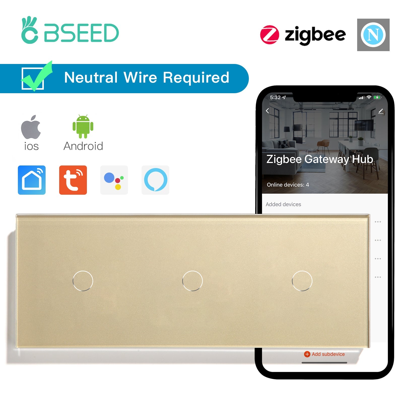 BSEED Zigbee Light Switches Triple 1/2/3 Gang Smart Wall Switches Wall Touch Switch ZigBee Smart Life Tuya Google Alexa Glass Light Switches Bseedswitch Golden 1Gang +1Gang +1Gang 