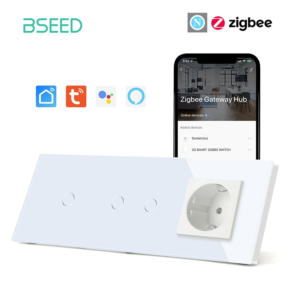 Bseed Double Zigbee Light Switches With EU Standard Not Smart Wall Sockets Light Switches Bseedswitch White 1gang+2gang +socket 