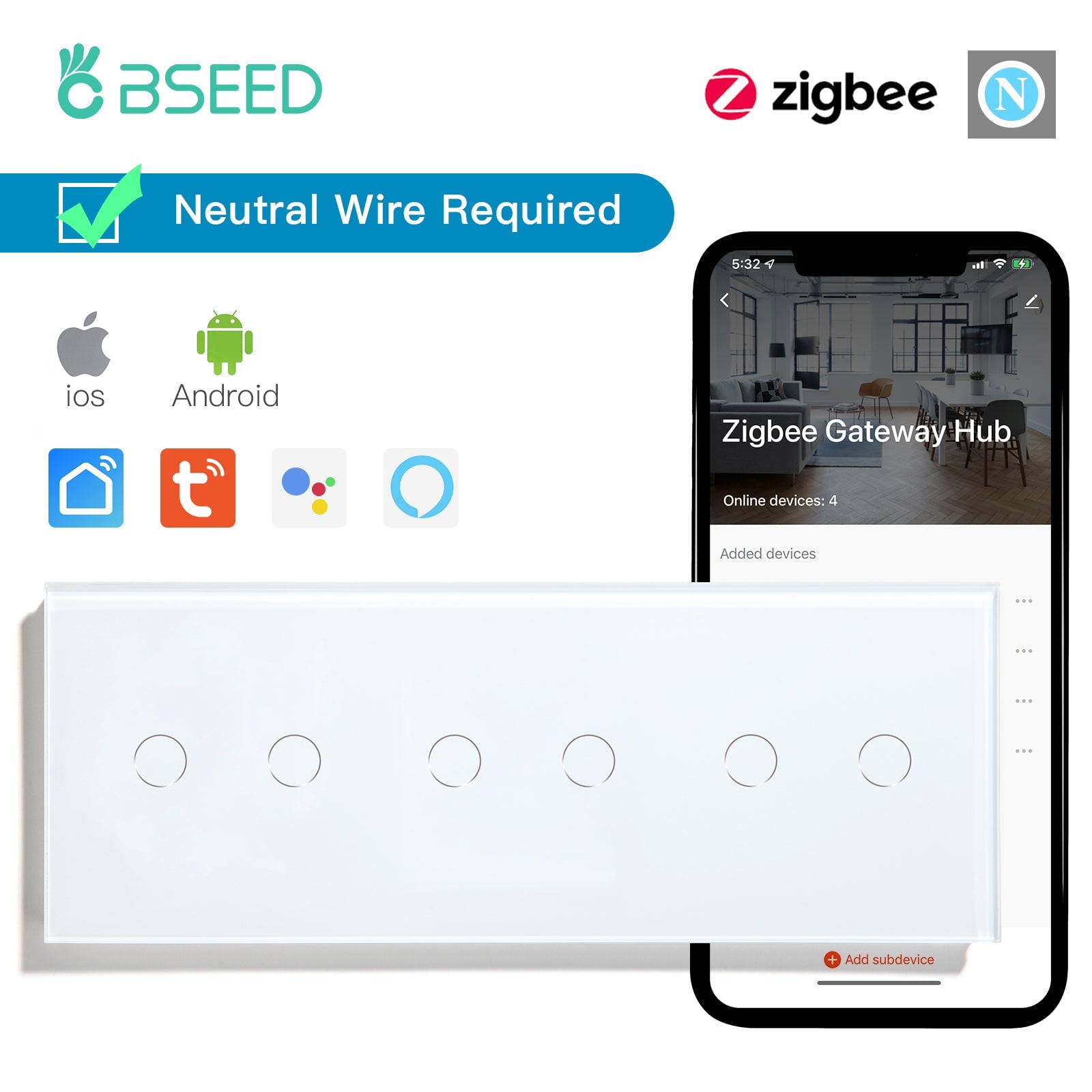 BSEED Zigbee Light Switches Triple 1/2/3 Gang Smart Wall Switches Wall Touch Switch ZigBee Smart Life Tuya Google Alexa Glass Light Switches Bseedswitch White 2Gang +2Gang +2Gang 