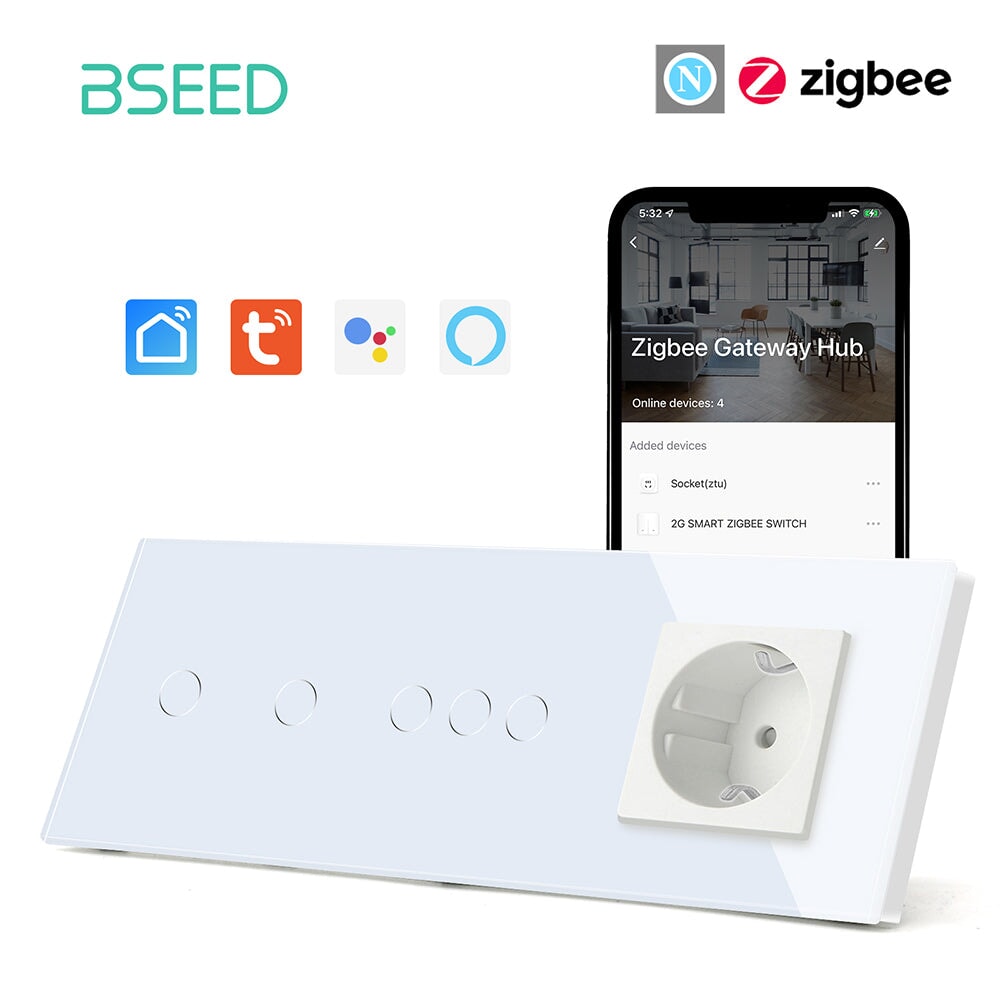 Bseed Double Zigbee Light Switches With EU Standard Not Smart Wall Sockets Light Switches Bseedswitch White 2gang+3gang +socket 