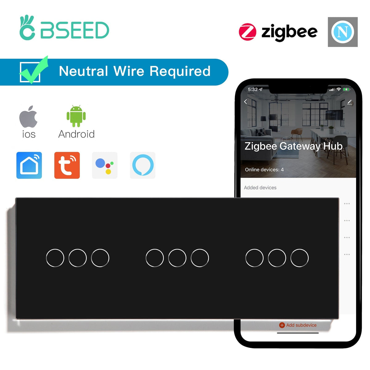 BSEED Zigbee Light Switches Triple 1/2/3 Gang Smart Wall Switches Wall Touch Switch ZigBee Smart Life Tuya Google Alexa Glass Light Switches Bseedswitch Black 3Gang +3Gang +3Gang 