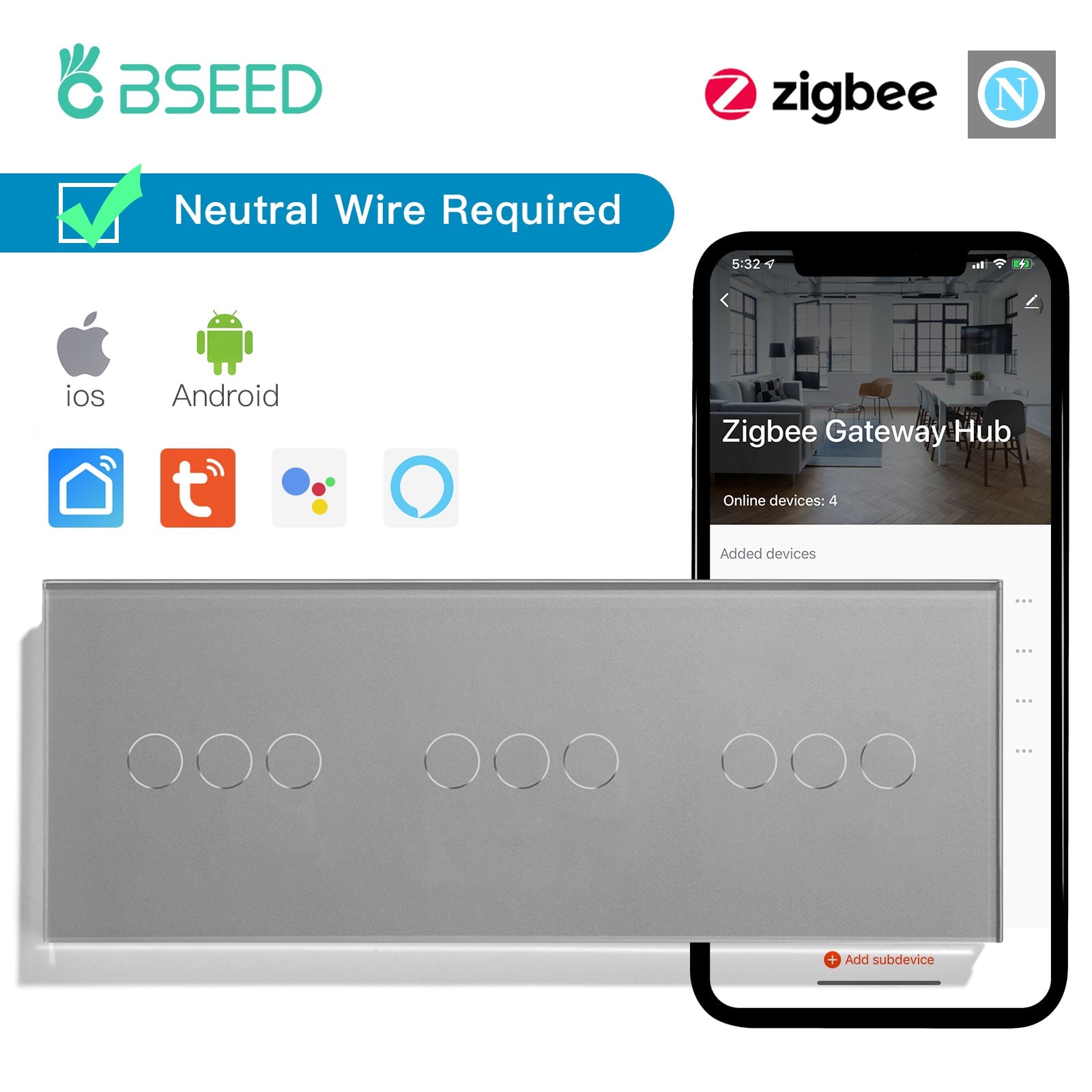 BSEED Zigbee Light Switches Triple 1/2/3 Gang Smart Wall Switches Wall Touch Switch ZigBee Smart Life Tuya Google Alexa Glass Light Switches Bseedswitch Grey 3Gang +3Gang +3Gang 