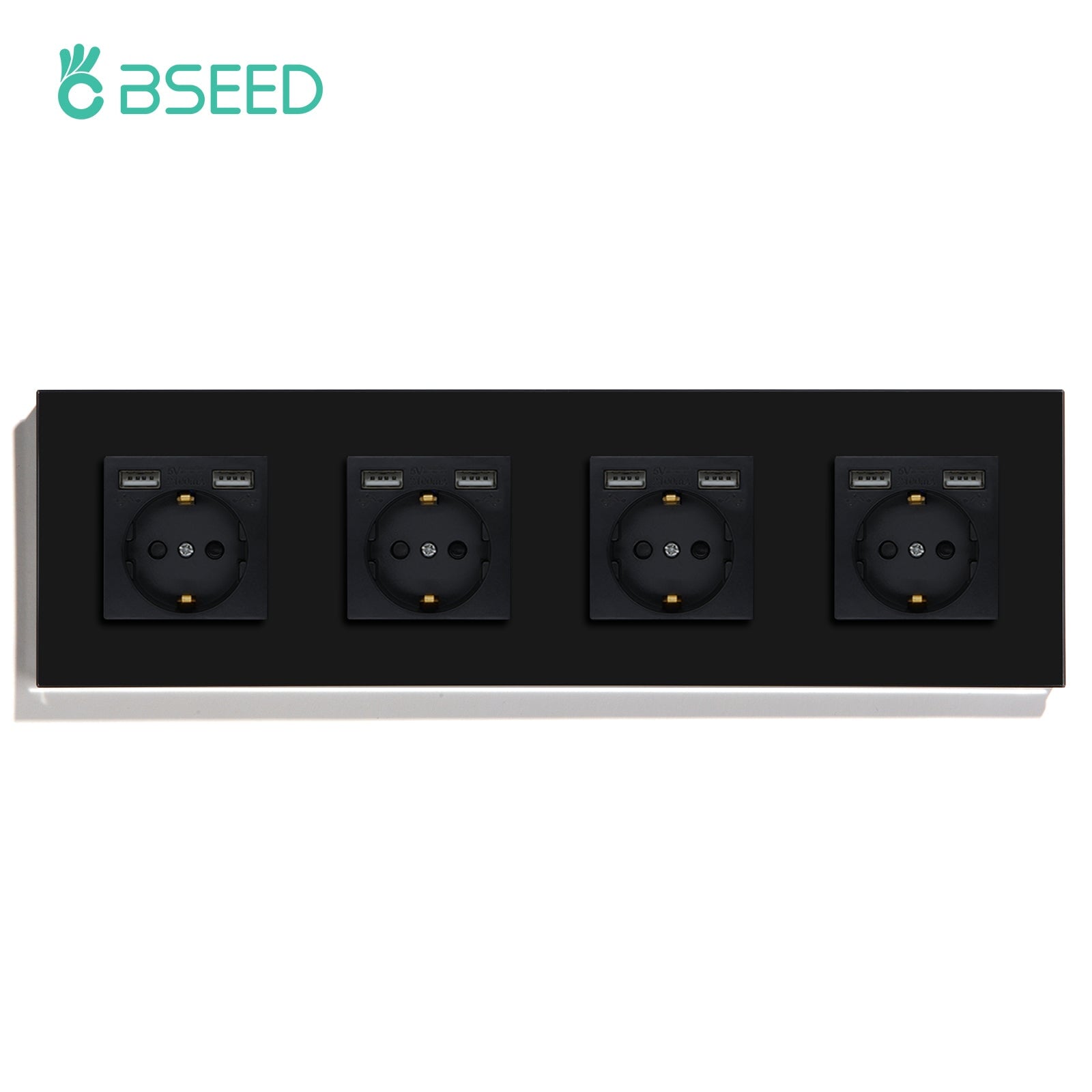 BSEED EU / FR Standard Wall Socket With Double USB Crystal Mirror Glass Panel Bseedswitch Black Quadruple EU