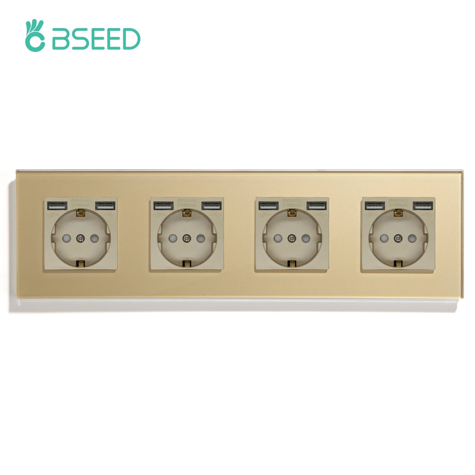 BSEED EU / FR Standard Wall Socket With Double USB Crystal Mirror Glass Panel Bseedswitch Golden Quadruple EU