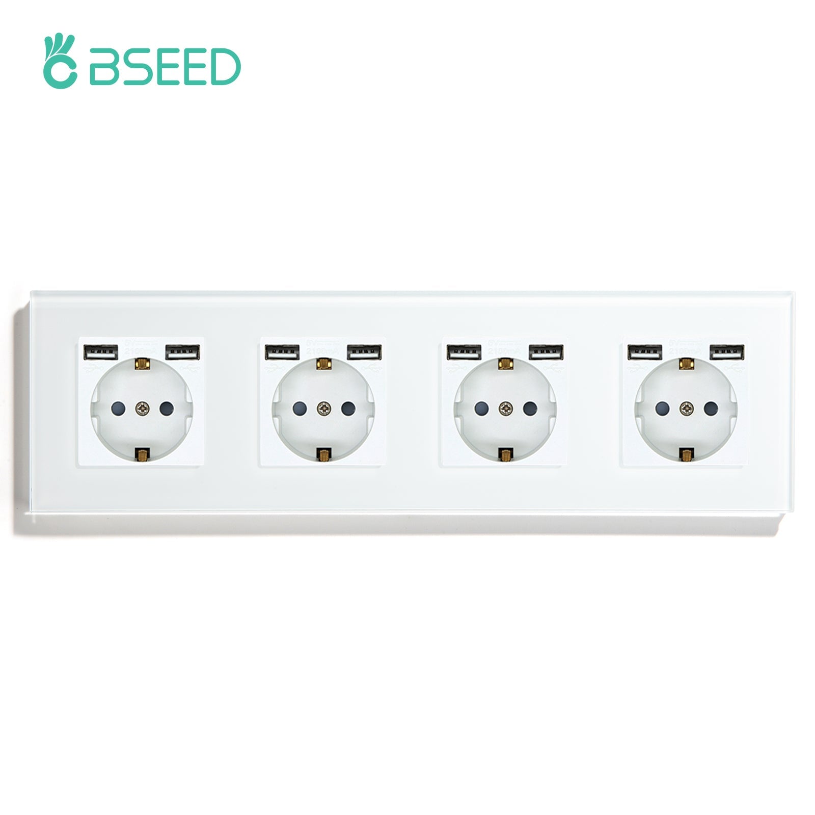 BSEED EU / FR Standard Wall Socket With Double USB Crystal Mirror Glass Panel Bseedswitch White Quadruple EU