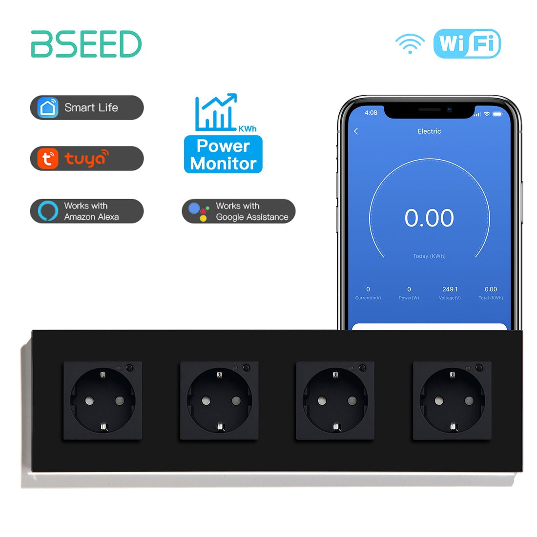 Bseed Wifi EU Standard Socket Wall Sockets With Energy Monitoring Power Outlets & Sockets Bseedswitch Black Quadruple 