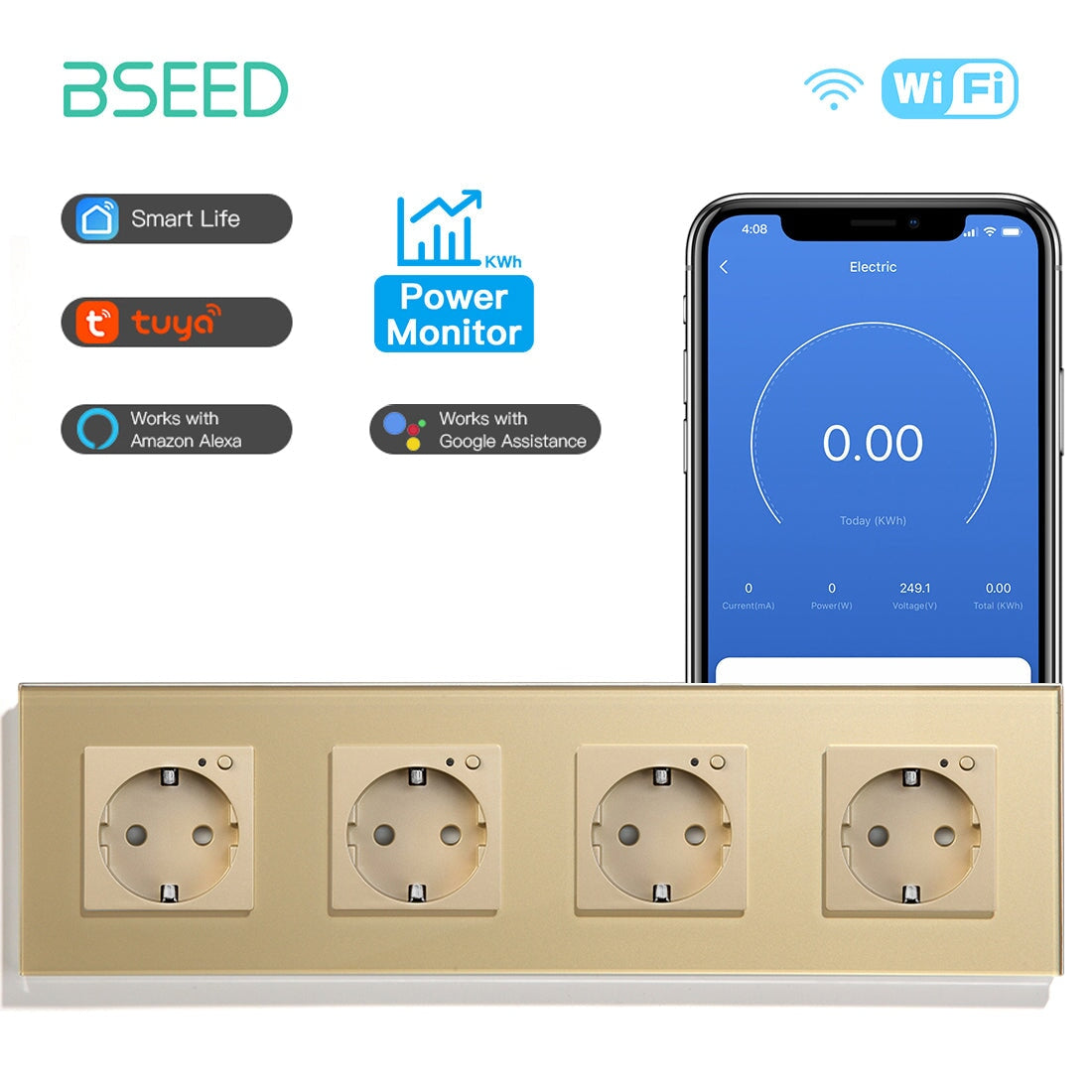 Bseed Wifi EU Standard Socket Wall Sockets With Energy Monitoring Power Outlets & Sockets Bseedswitch Golden Quadruple 