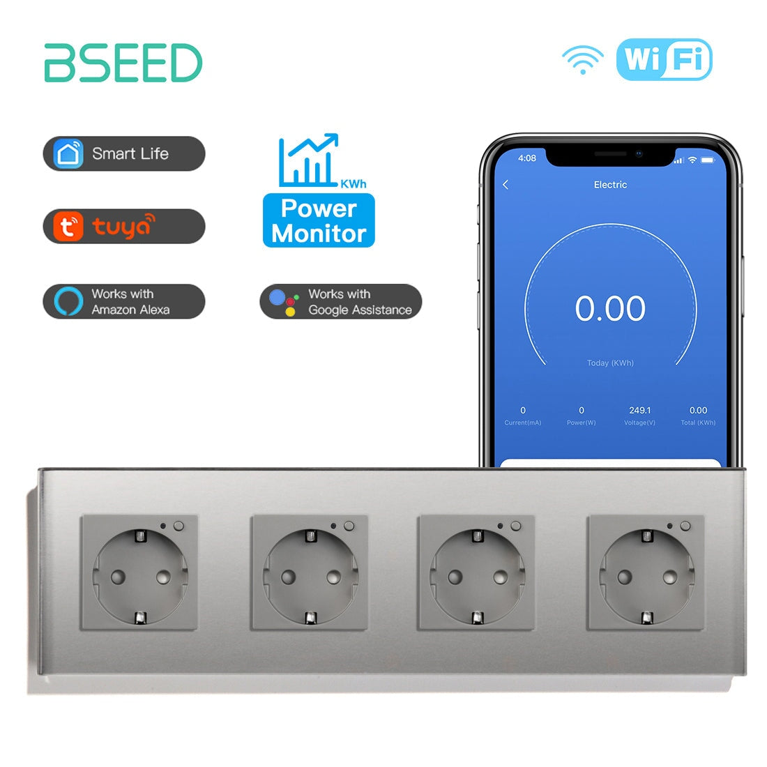 Bseed Wifi EU Standard Socket Wall Sockets With Energy Monitoring Power Outlets & Sockets Bseedswitch Grey Quadruple 