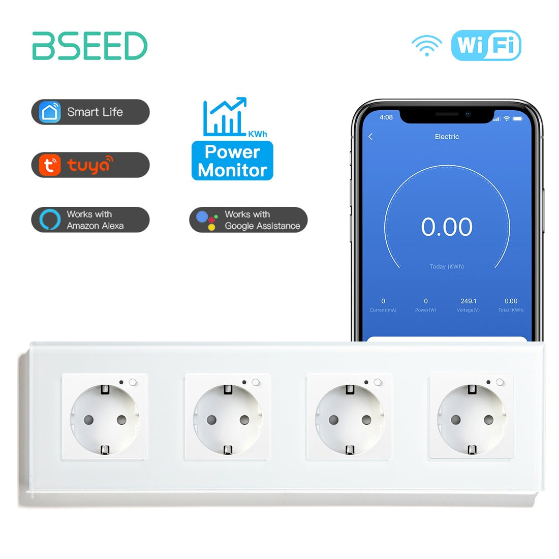 Bseed Wifi EU Standard Socket Wall Sockets With Energy Monitoring Power Outlets & Sockets Bseedswitch White Quadruple 