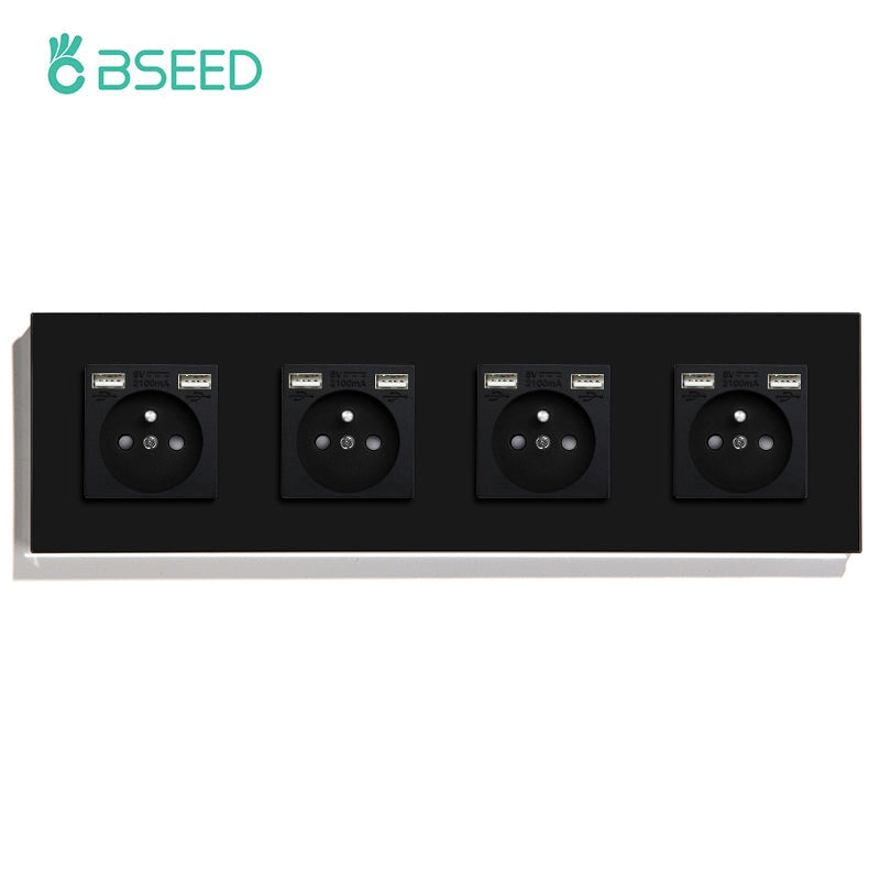 BSEED EU / FR Standard Wall Socket With Double USB Crystal Mirror Glass Panel Bseedswitch Black Quadruple FR