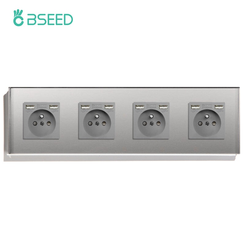 BSEED EU / FR Standard Wall Socket With Double USB Crystal Mirror Glass Panel Bseedswitch Grey Quadruple FR