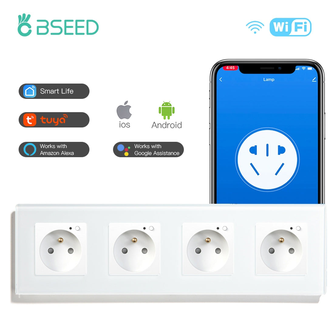 Bseed Wifi FR Standard Socket Wall Socket Power Outlets & Sockets Bseedswitch White Quadruple 