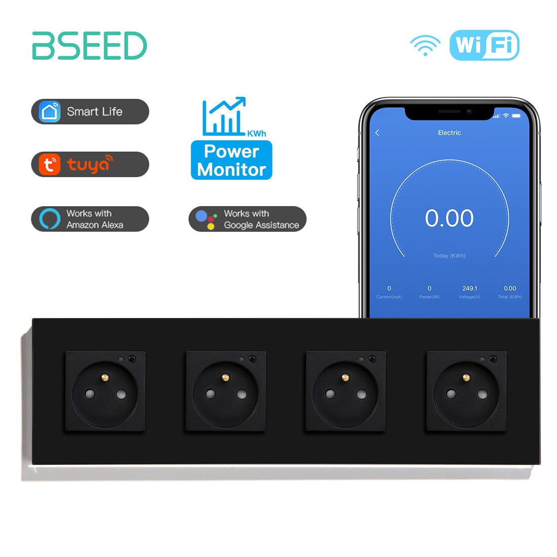 Bseed Wifi FR Standard Socket Wall Sockets With Energy Monitoring Power Outlets & Sockets Bseedswitch Black Quadruple 