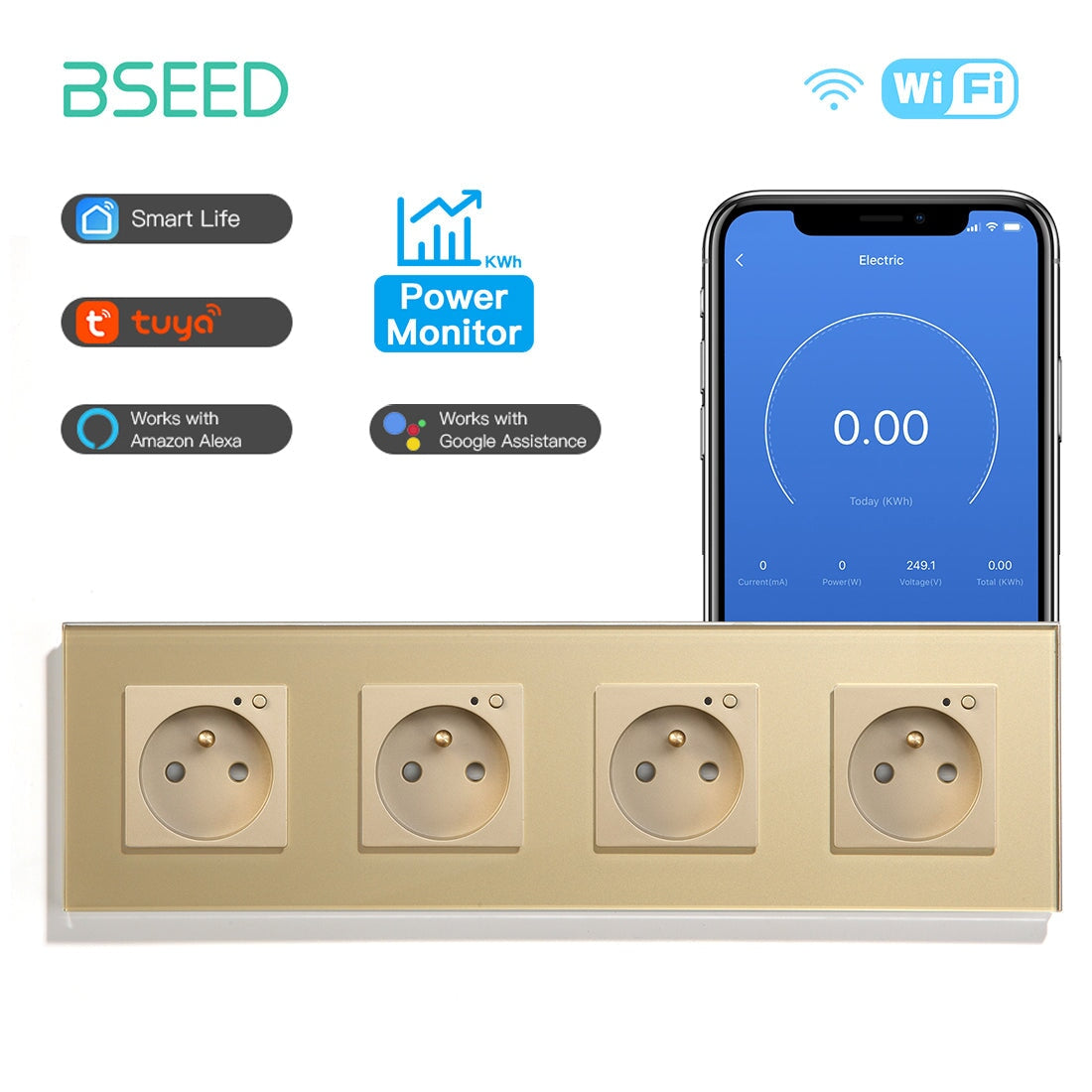Bseed Wifi FR Standard Socket Wall Sockets With Energy Monitoring Power Outlets & Sockets Bseedswitch Golden Quadruple 