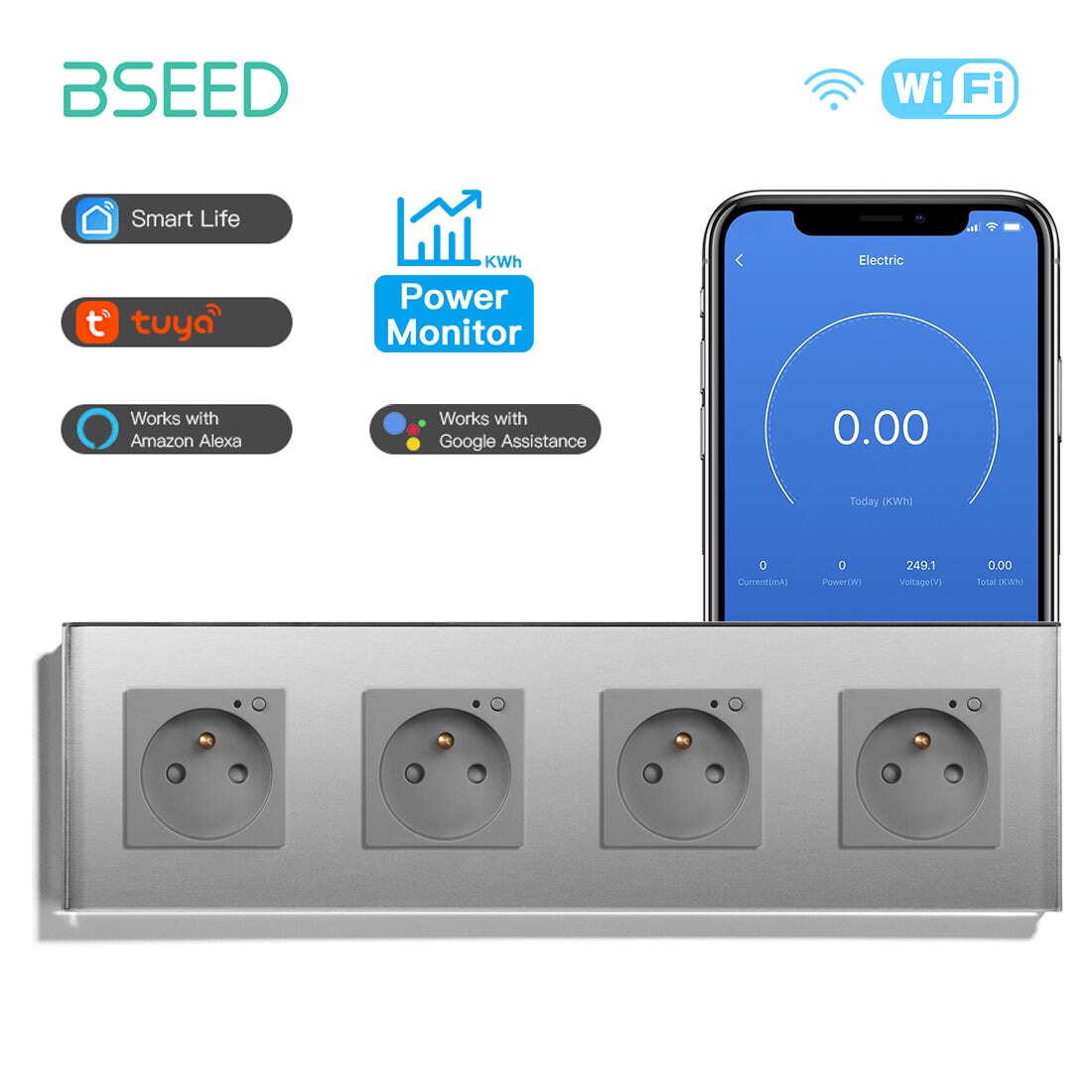 Bseed Wifi FR Standard Socket Wall Sockets With Energy Monitoring Power Outlets & Sockets Bseedswitch Grey Quadruple 