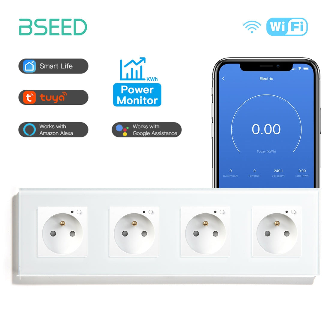 Bseed Wifi FR Standard Socket Wall Sockets With Energy Monitoring Power Outlets & Sockets Bseedswitch White Quadruple 