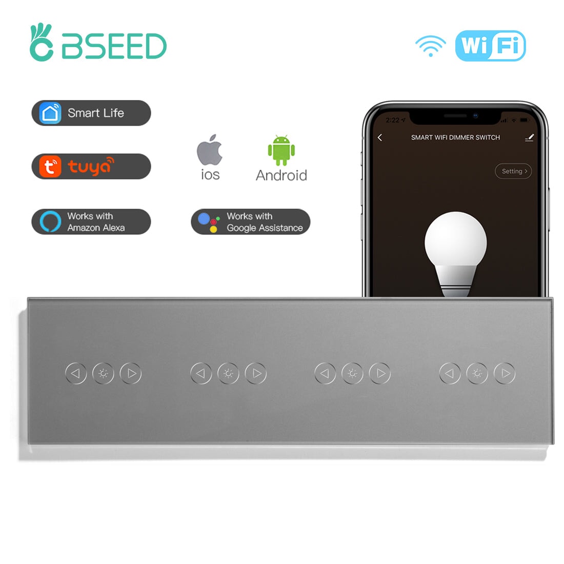 Bseed 4x WiFi Touch Dimmer Switch 299mm Crystal Glass Panel Smart Blind Work With Tuya App Switch Bseedswitch Grey 