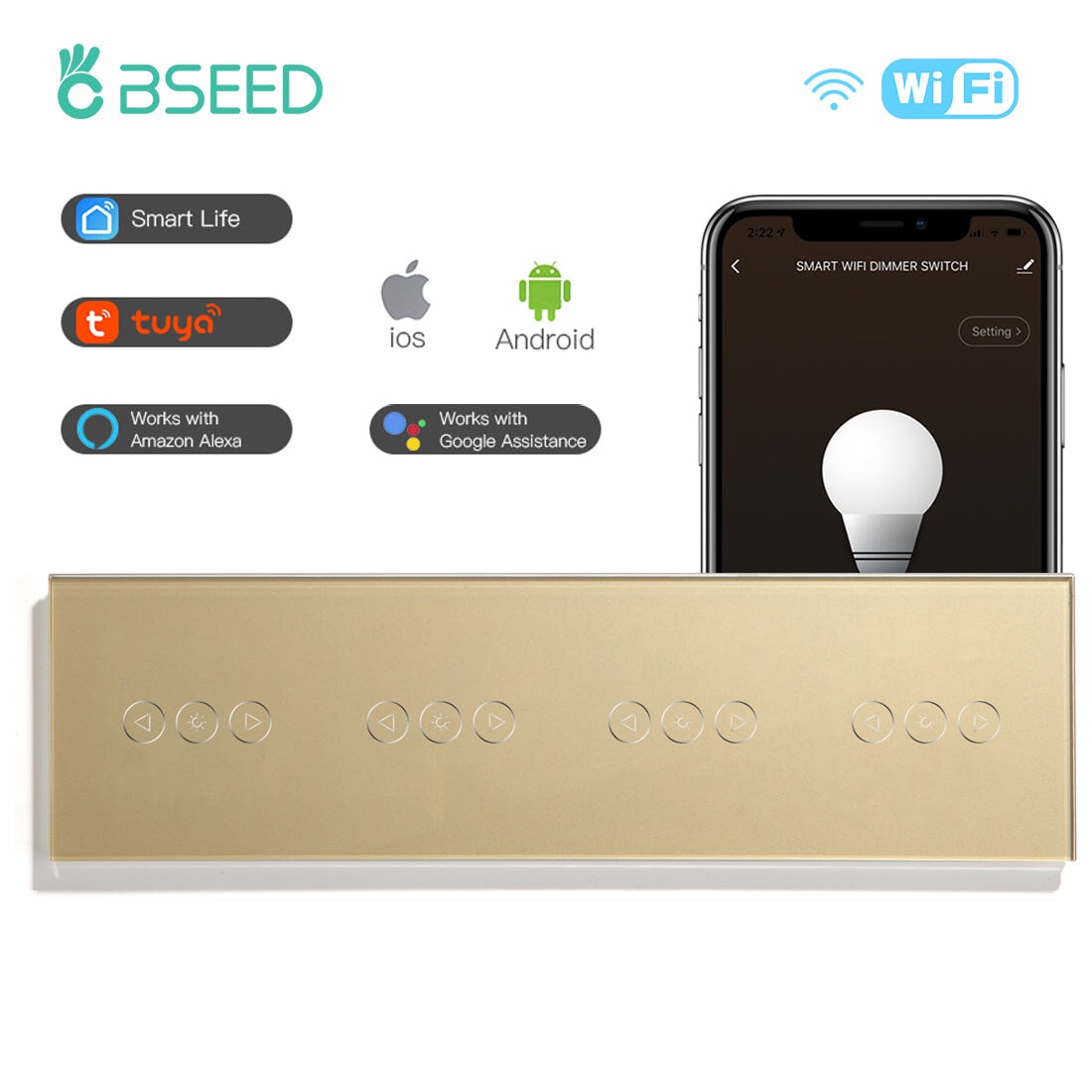 Bseed 4x WiFi Touch Dimmer Switch 299mm Crystal Glass Panel Smart Blind Work With Tuya App Switch Bseedswitch Gold 