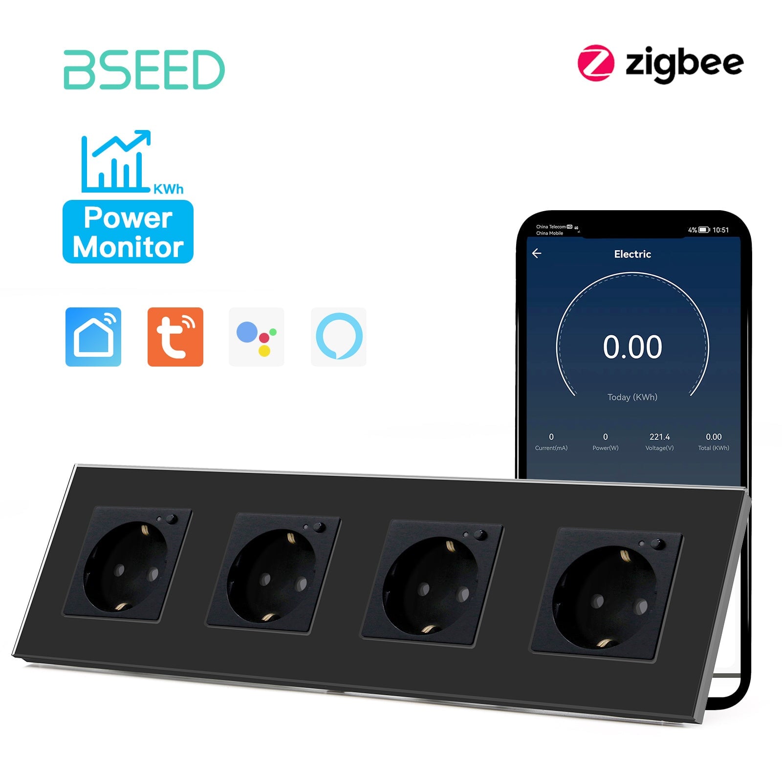 BSEED ZigBee EU Wall Sockets Power Outlets With Energy Monitoring Kids Protection Wall Plates & Covers Bseedswitch black Quadruple 