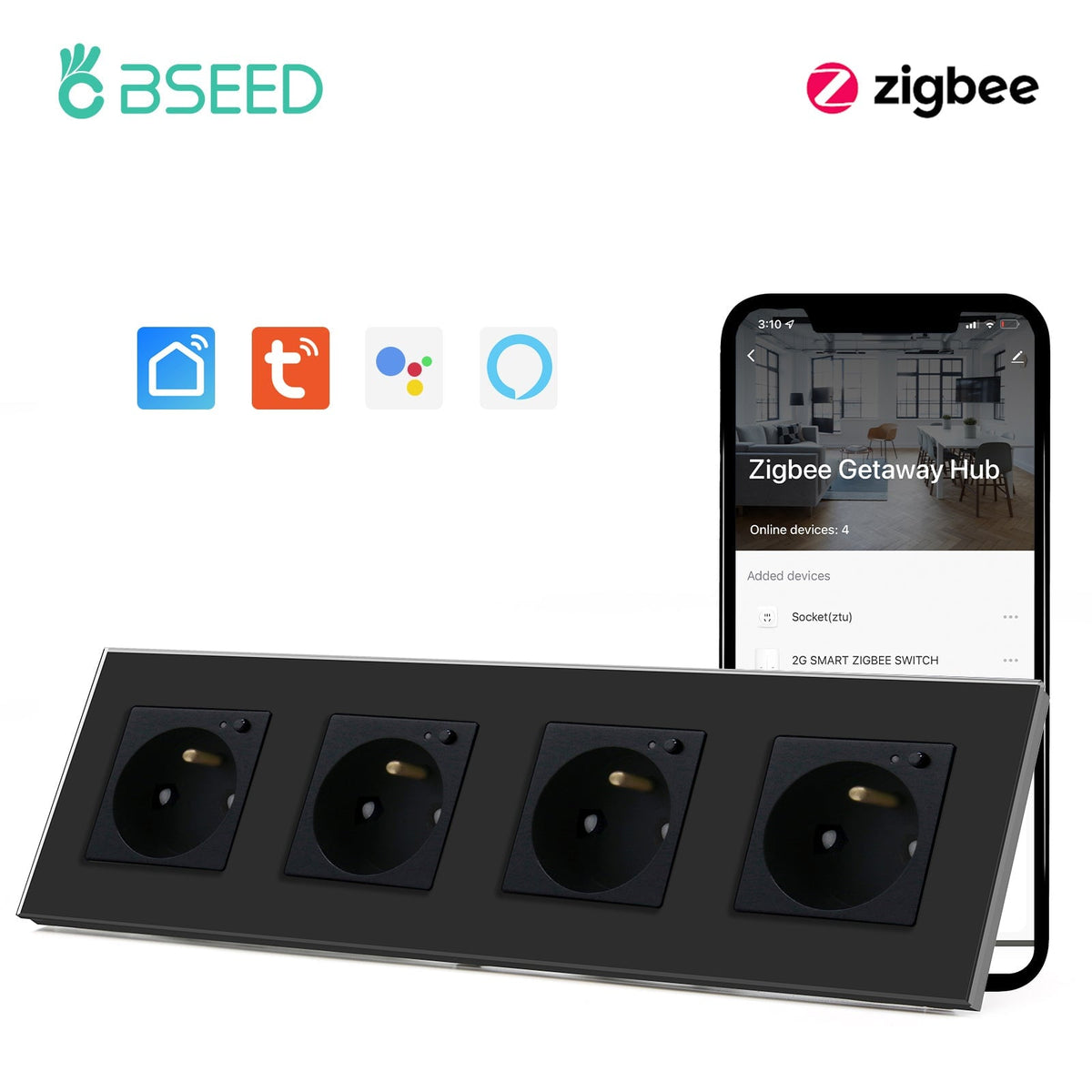 BSEED ZigBee FR Wall Sockets Power Outlets Kids Protection Wall Plates & Covers Bseedswitch black Quadruple 