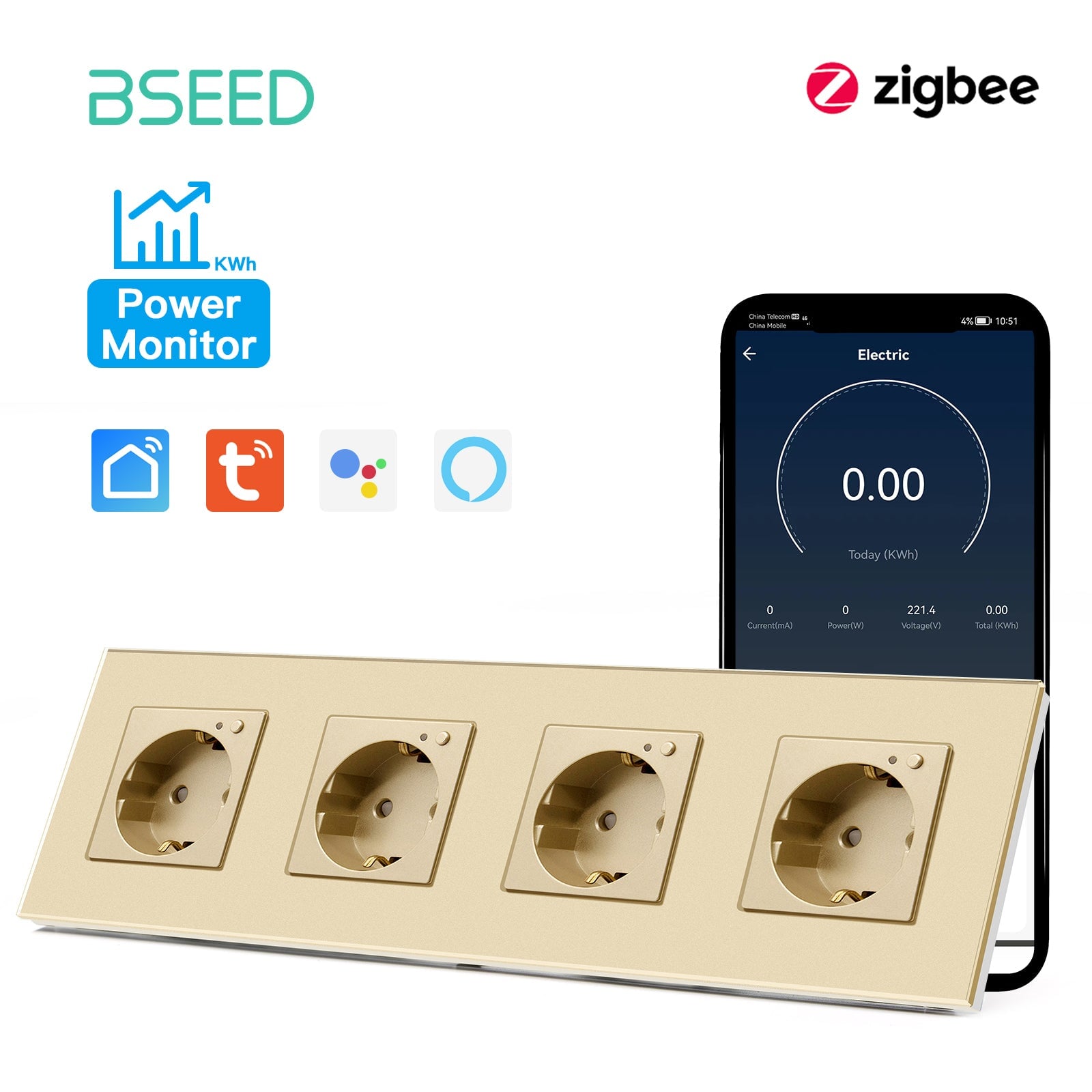 BSEED ZigBee EU Wall Sockets Power Outlets With Energy Monitoring Kids Protection Wall Plates & Covers Bseedswitch golden Quadruple 