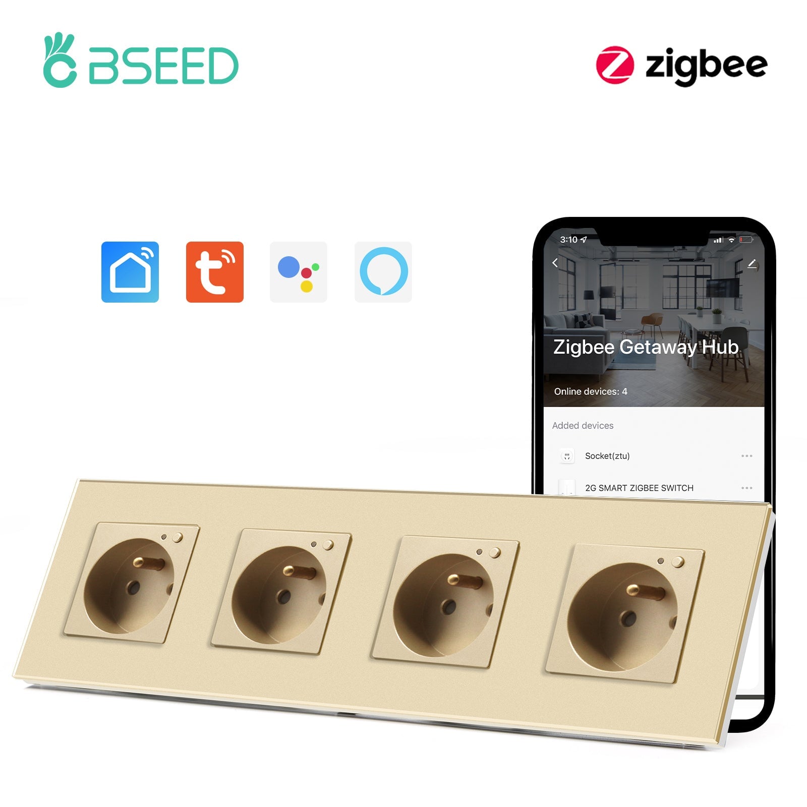 BSEED ZigBee FR Wall Sockets Power Outlets Kids Protection Wall Plates & Covers Bseedswitch golden Quadruple 