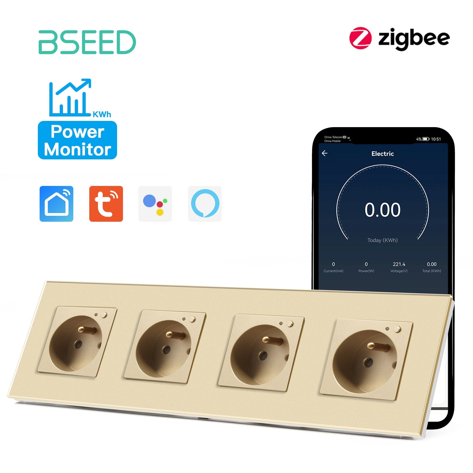 BSEED ZigBee FR Wall Sockets Power Outlets Kids Protection with metering Wall Plates & Covers Bseedswitch golden Quadruple 