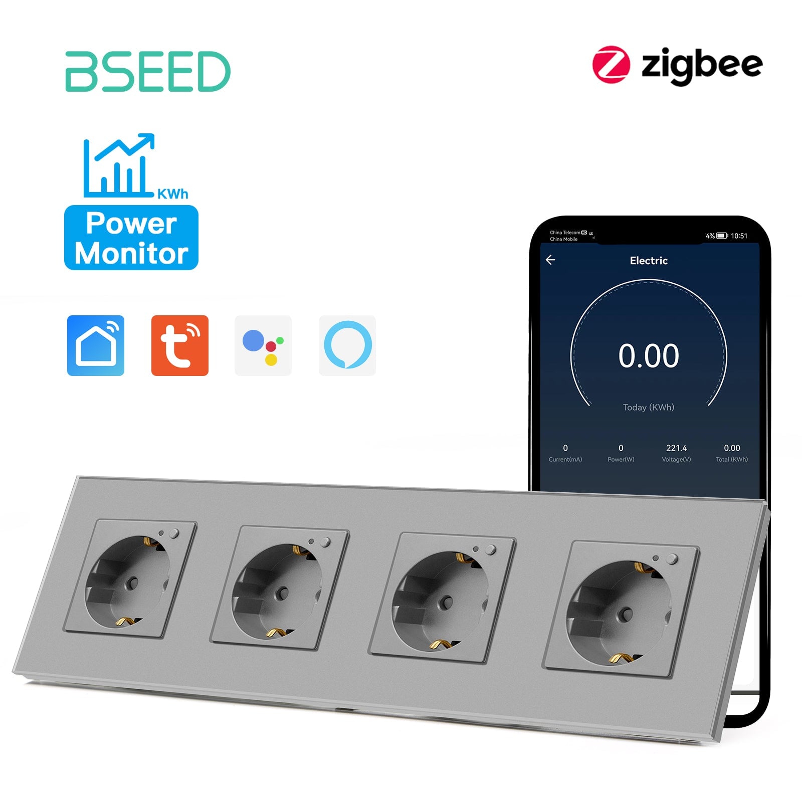 BSEED ZigBee EU Wall Sockets Power Outlets With Energy Monitoring Kids Protection Wall Plates & Covers Bseedswitch grey Quadruple 