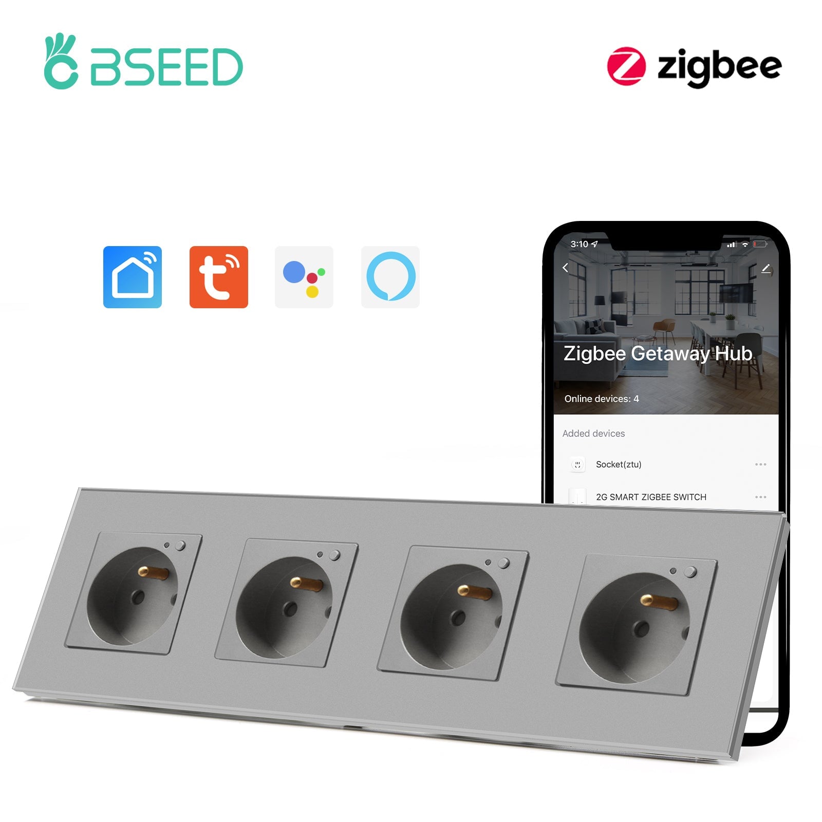 BSEED ZigBee FR Wall Sockets Power Outlets Kids Protection Wall Plates & Covers Bseedswitch grey Quadruple 