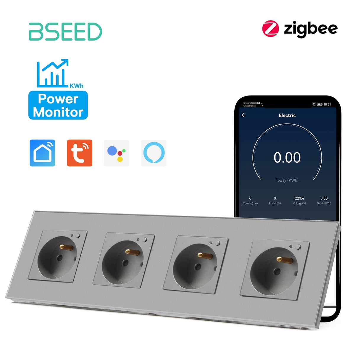 BSEED ZigBee FR Wall Sockets Power Outlets Kids Protection with metering Wall Plates & Covers Bseedswitch grey Quadruple 