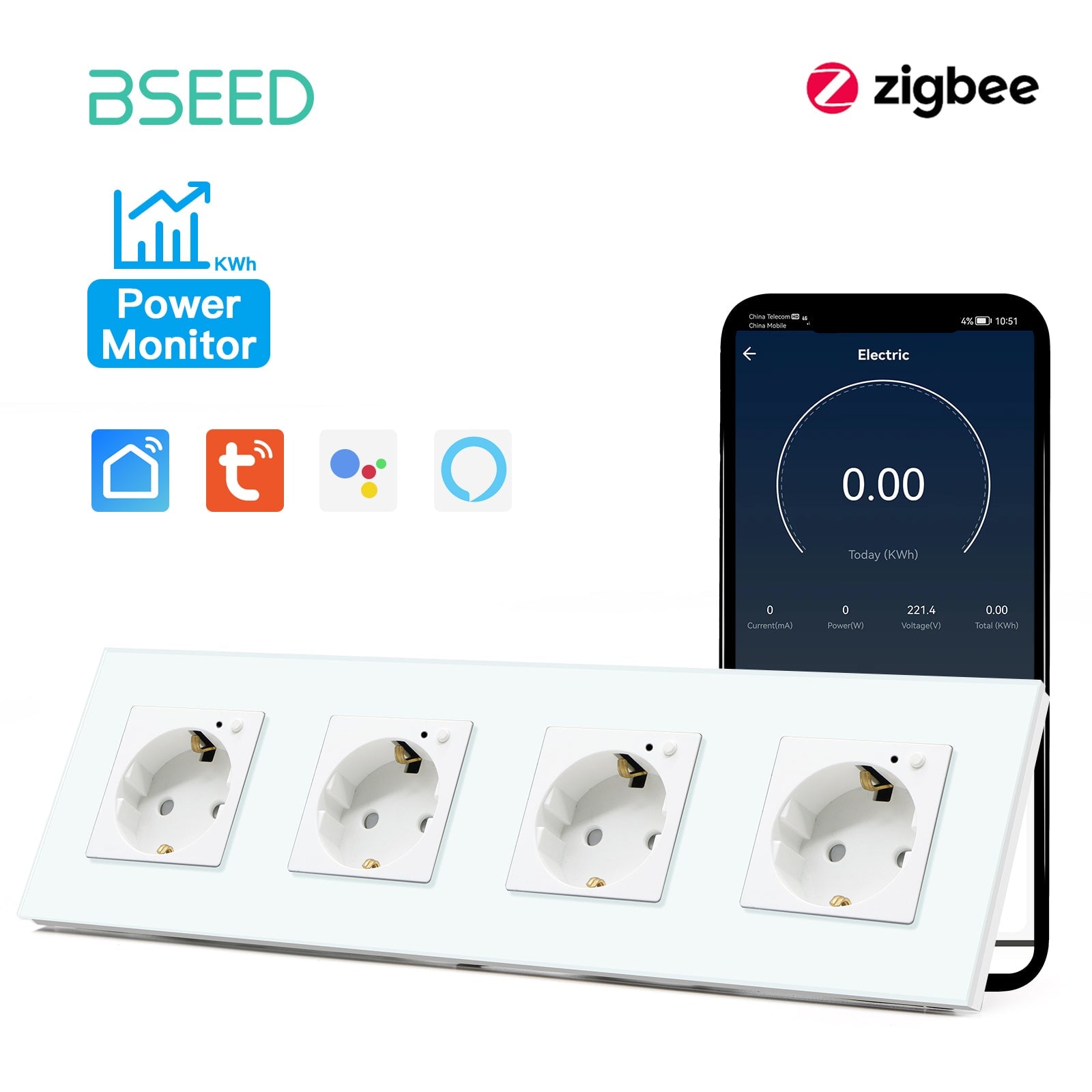 BSEED ZigBee EU Wall Sockets Power Outlets With Energy Monitoring Kids Protection Wall Plates & Covers Bseedswitch white Quadruple 