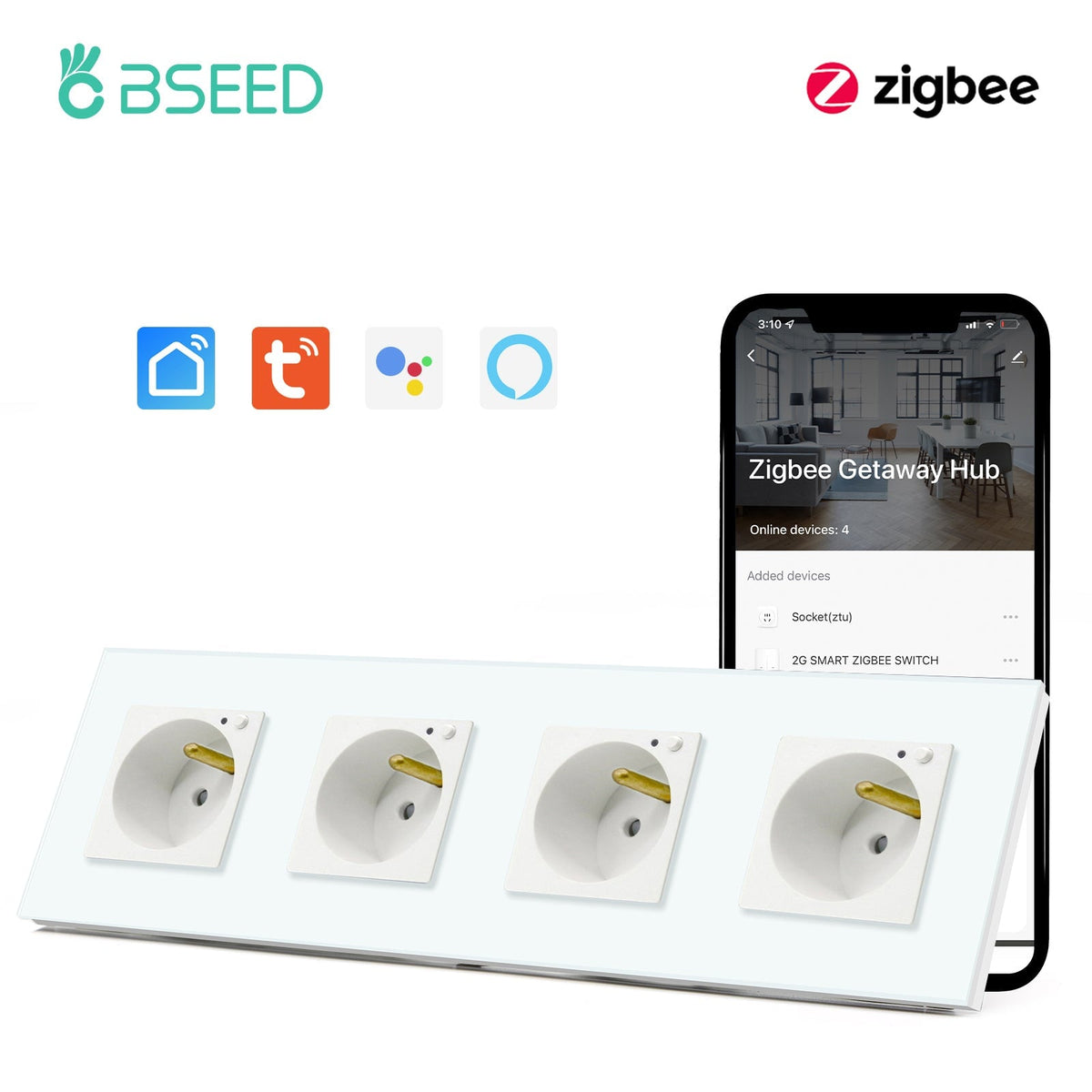 BSEED ZigBee FR Wall Sockets Power Outlets Kids Protection Wall Plates & Covers Bseedswitch white Quadruple 