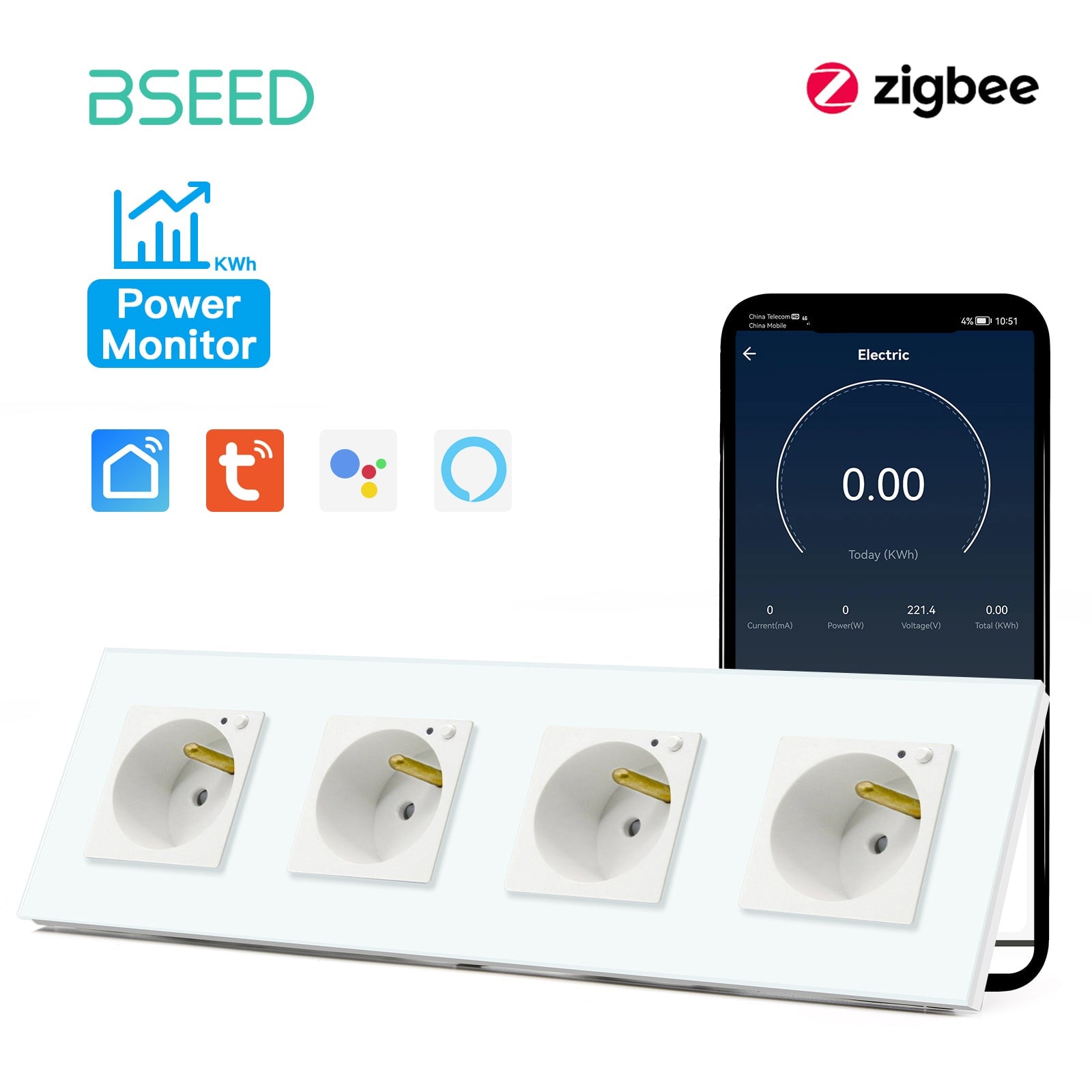 BSEED ZigBee FR Wall Sockets Power Outlets Kids Protection with metering Wall Plates & Covers Bseedswitch white Quadruple 