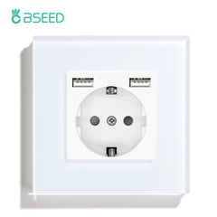 BSEED EU / FR Standard Wall Socket With Double USB Crystal Mirror Glass Panel Bseedswitch White Signle EU