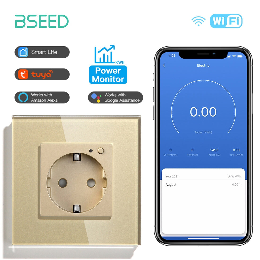 Bseed Wifi EU Standard Socket Wall Sockets With Energy Monitoring Power Outlets & Sockets Bseedswitch Golden Signle 
