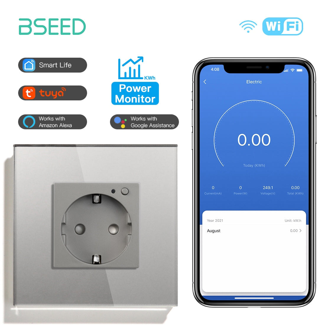 Bseed Wifi EU Standard Socket Wall Sockets With Energy Monitoring Power Outlets & Sockets Bseedswitch Grey Signle 