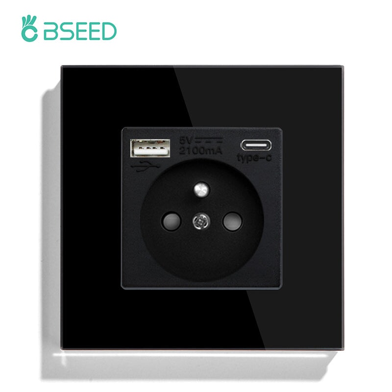 BSEED FR Wall Sockets Type-C Interface Outlet Wall Socket With Charge Port With USB Power Outlets Kids Protection 16A Wall Plates & Covers Bseedswitch black Signle 