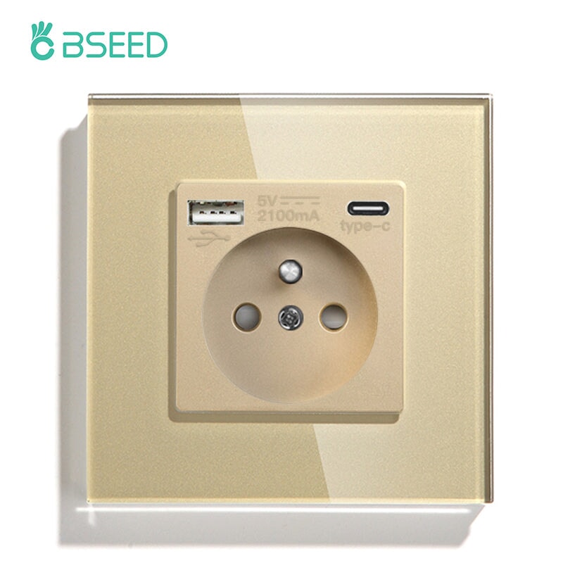 BSEED FR Wall Sockets Type-C Interface Outlet Wall Socket With Charge Port With USB Power Outlets Kids Protection 16A Wall Plates & Covers Bseedswitch gold Signle 