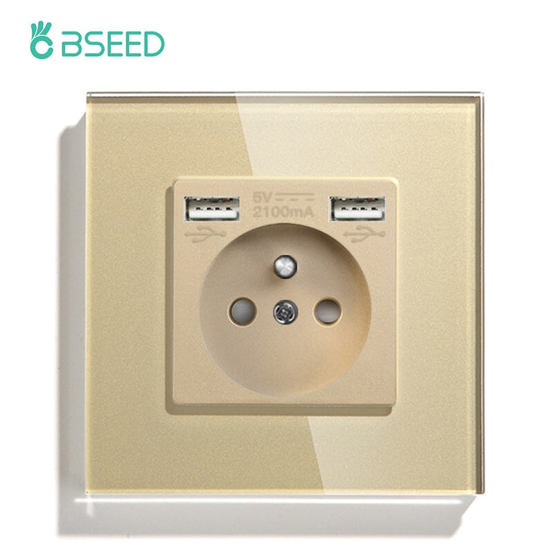 BSEED EU / FR Standard Wall Socket With Double USB Crystal Mirror Glass Panel Bseedswitch Golden Signle FR