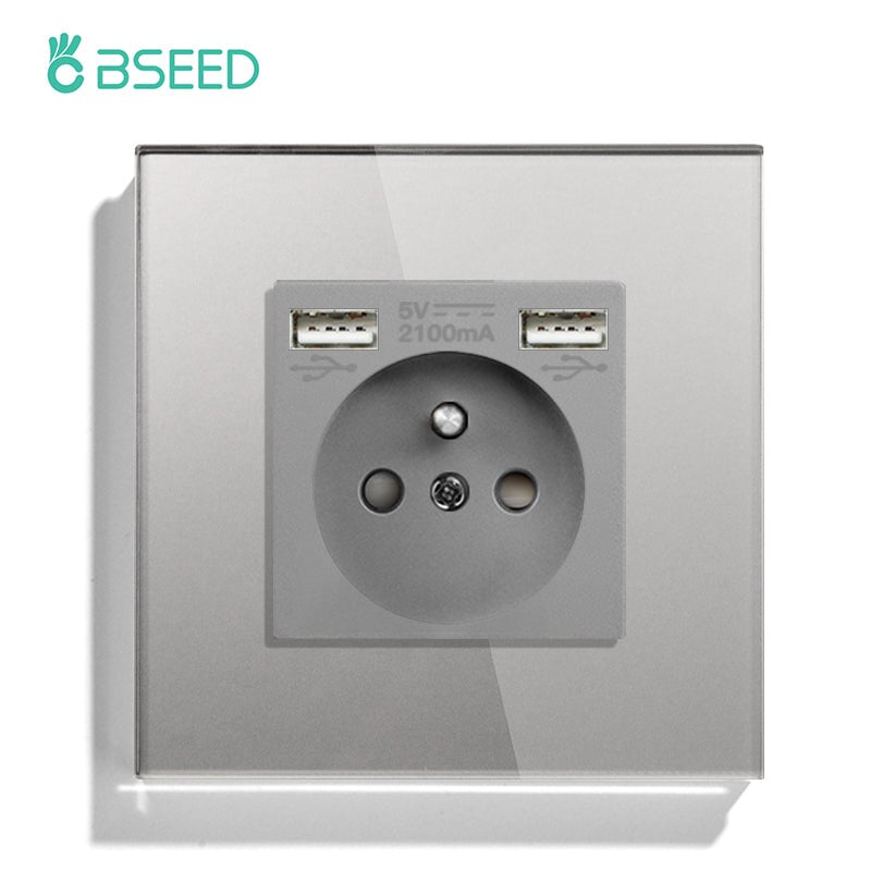 BSEED EU / FR Standard Wall Socket With Double USB Crystal Mirror Glass Panel Bseedswitch Grey Signle FR