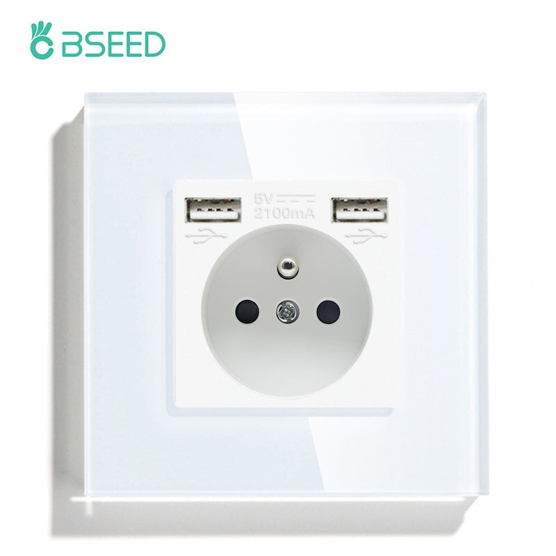 BSEED EU / FR Standard Wall Socket With Double USB Crystal Mirror Glass Panel Bseedswitch White Signle FR