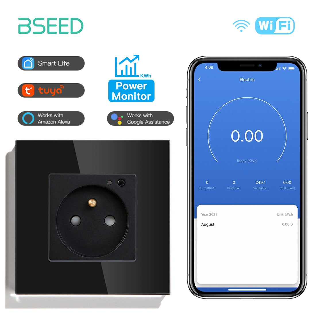 Bseed Wifi FR Standard Socket Wall Sockets With Energy Monitoring Power Outlets & Sockets Bseedswitch Black Signle 