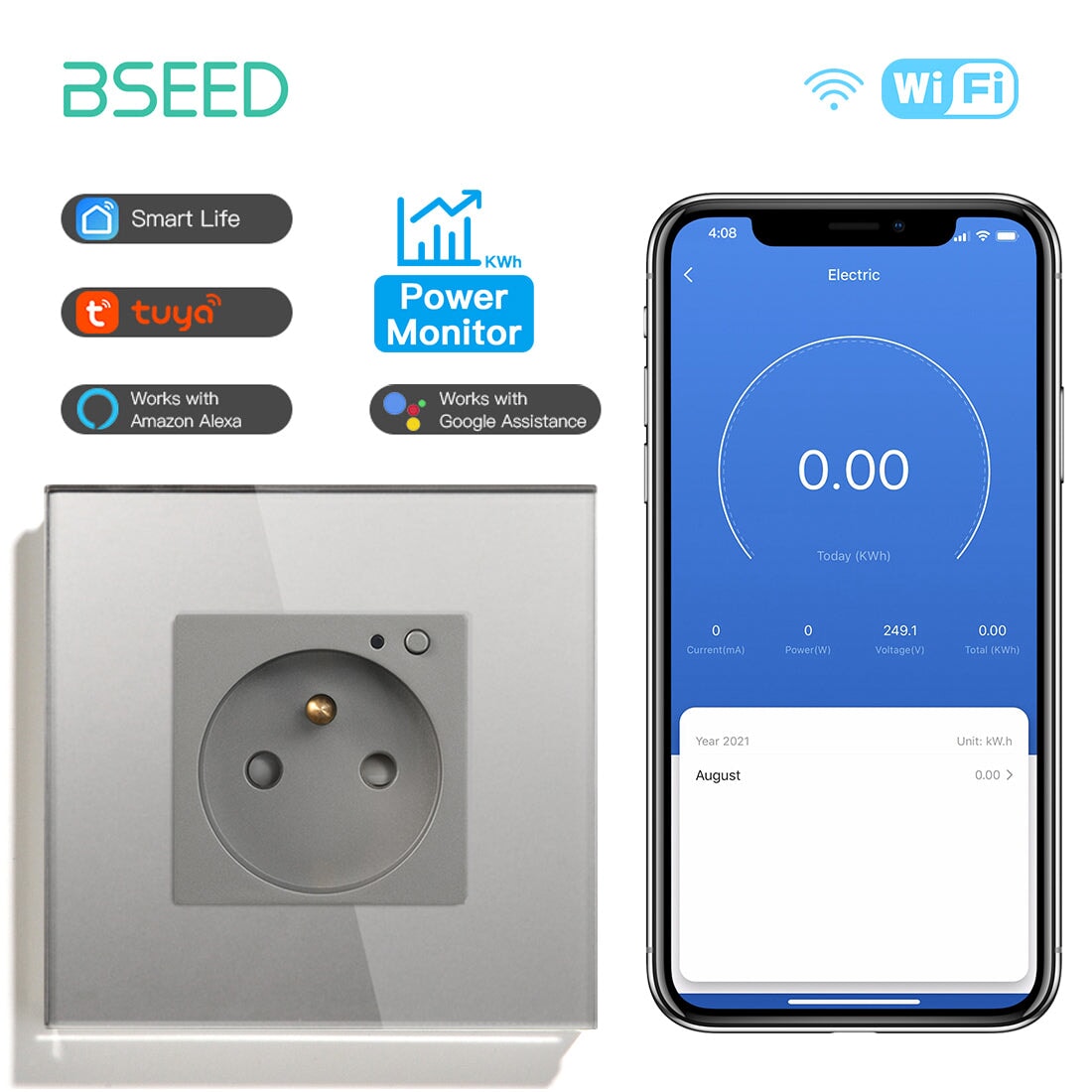 Bseed Wifi FR Standard Socket Wall Sockets With Energy Monitoring Power Outlets & Sockets Bseedswitch Grey Signle 