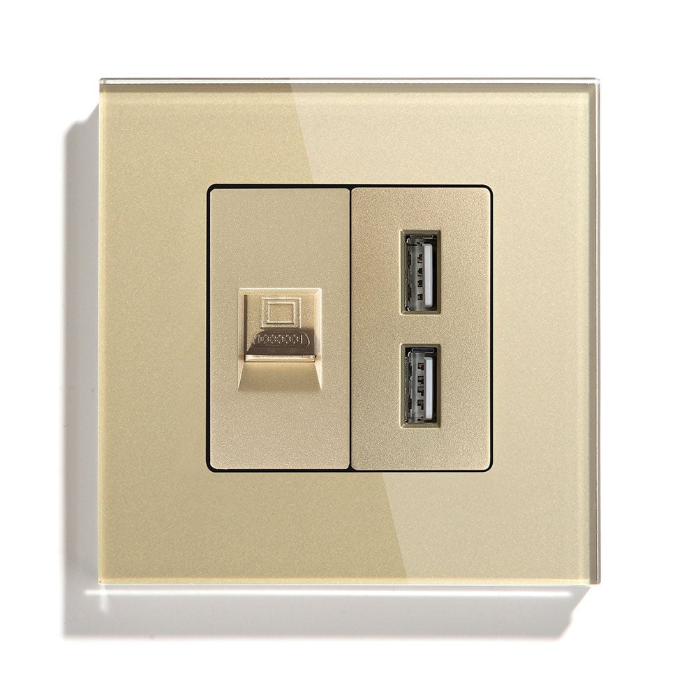 BSEED EU Socket With CAT5 And Double USB Power Outlets & Sockets Bseedswitch Gold 86mm 