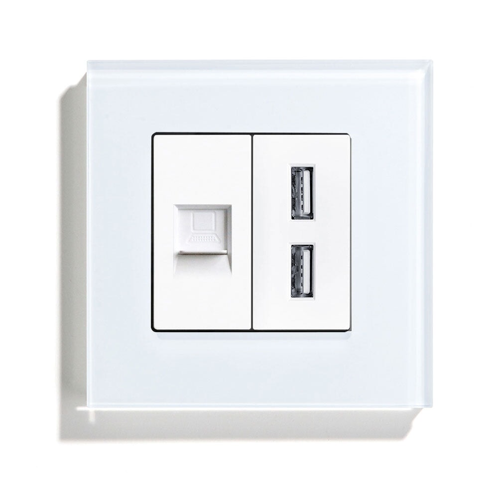 BSEED EU Socket With CAT5 And Double USB Power Outlets & Sockets Bseedswitch White 86mm 