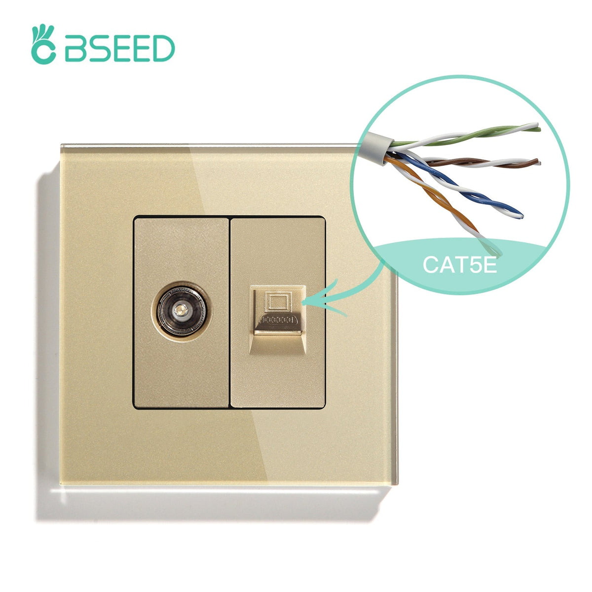 BSEED EU Standard Wall Socket With TV PC Socket Crystal Glass Panel Power Outlets & Sockets Bseedswitch Golden 86mm 