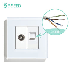 BSEED EU Standard Wall Socket With TV PC Socket Crystal Glass Panel Power Outlets & Sockets Bseedswitch White 86mm 